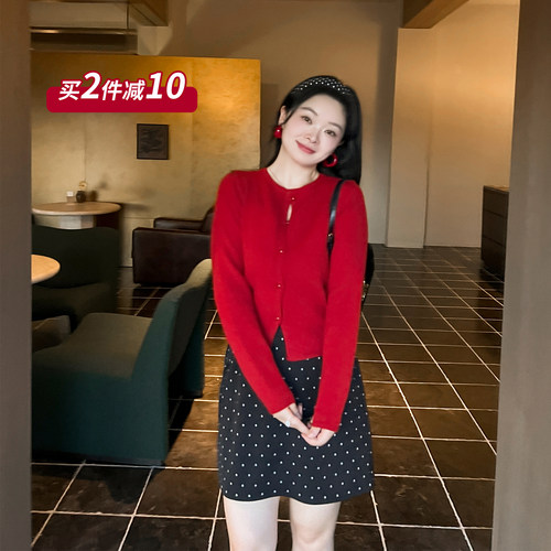 DM100大码百分百女装秋季微胖mm复古撞色针织衫波点半裙搭配套装