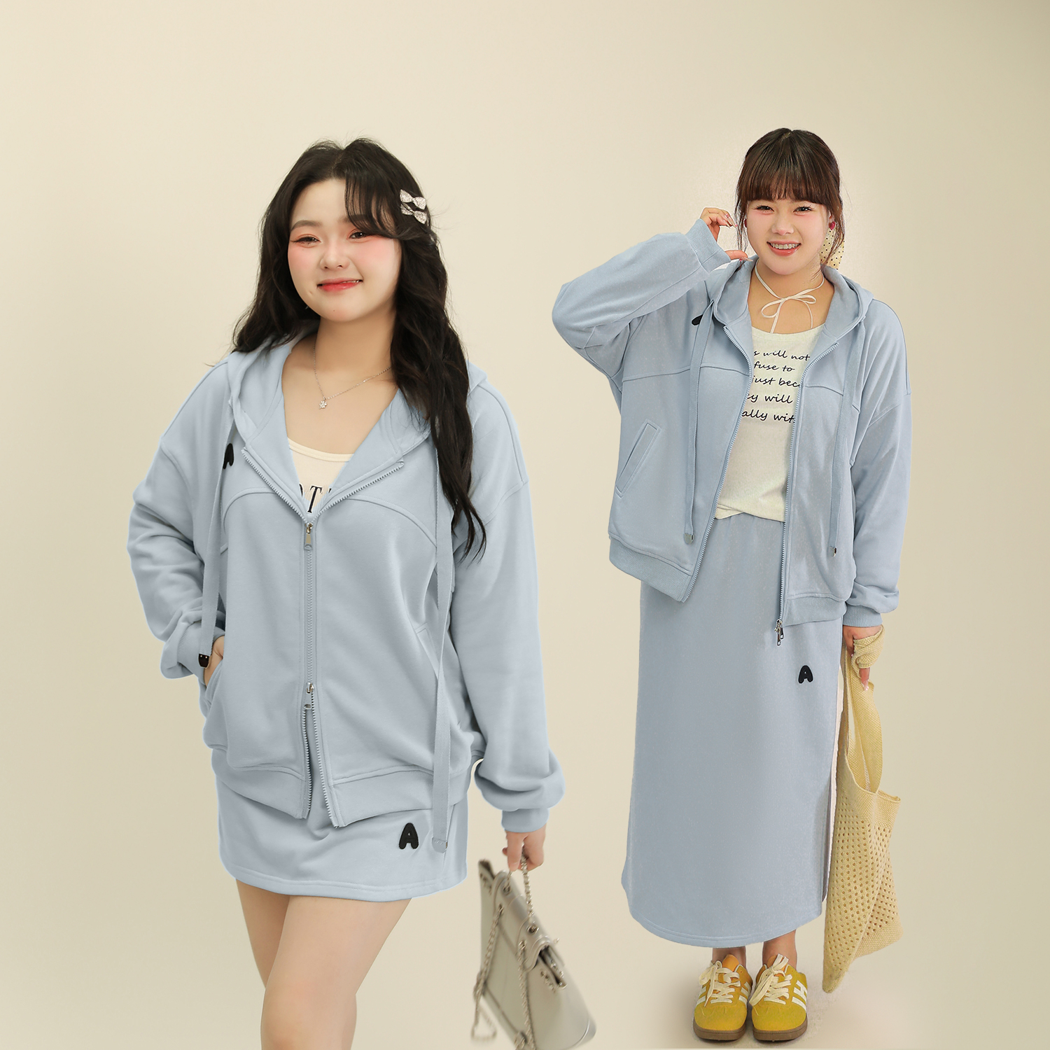 DM100大码百分百2025春季新款女装休闲连帽卫衣外套a字半身裙套装