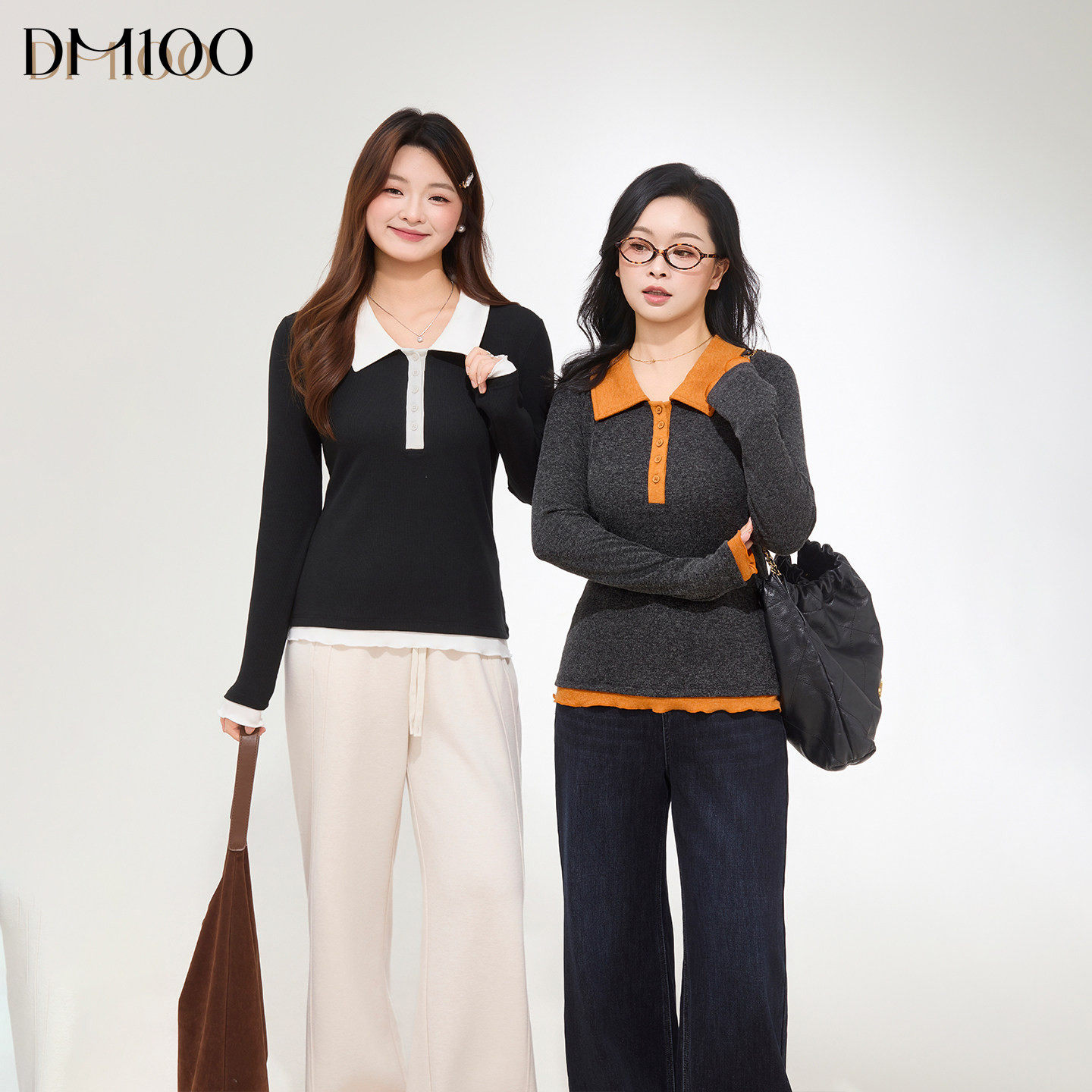 DM100大码百分百女装微胖mm冬季撞色翻领正肩显瘦波边针织打底T恤