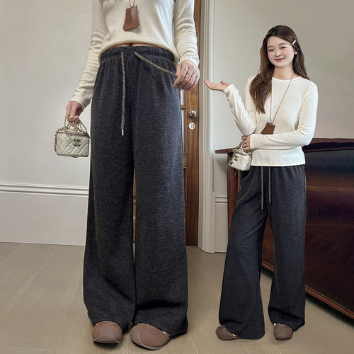 DM100大码百分百女微胖mm秋冬百搭仿兔毛糯米裤毛巾裤宽松直筒裤