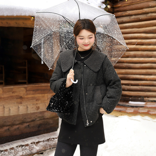 时尚 微胖mm冬季 羊羔毛娃娃领波点棉服短外套 百分百女装 DM100大码