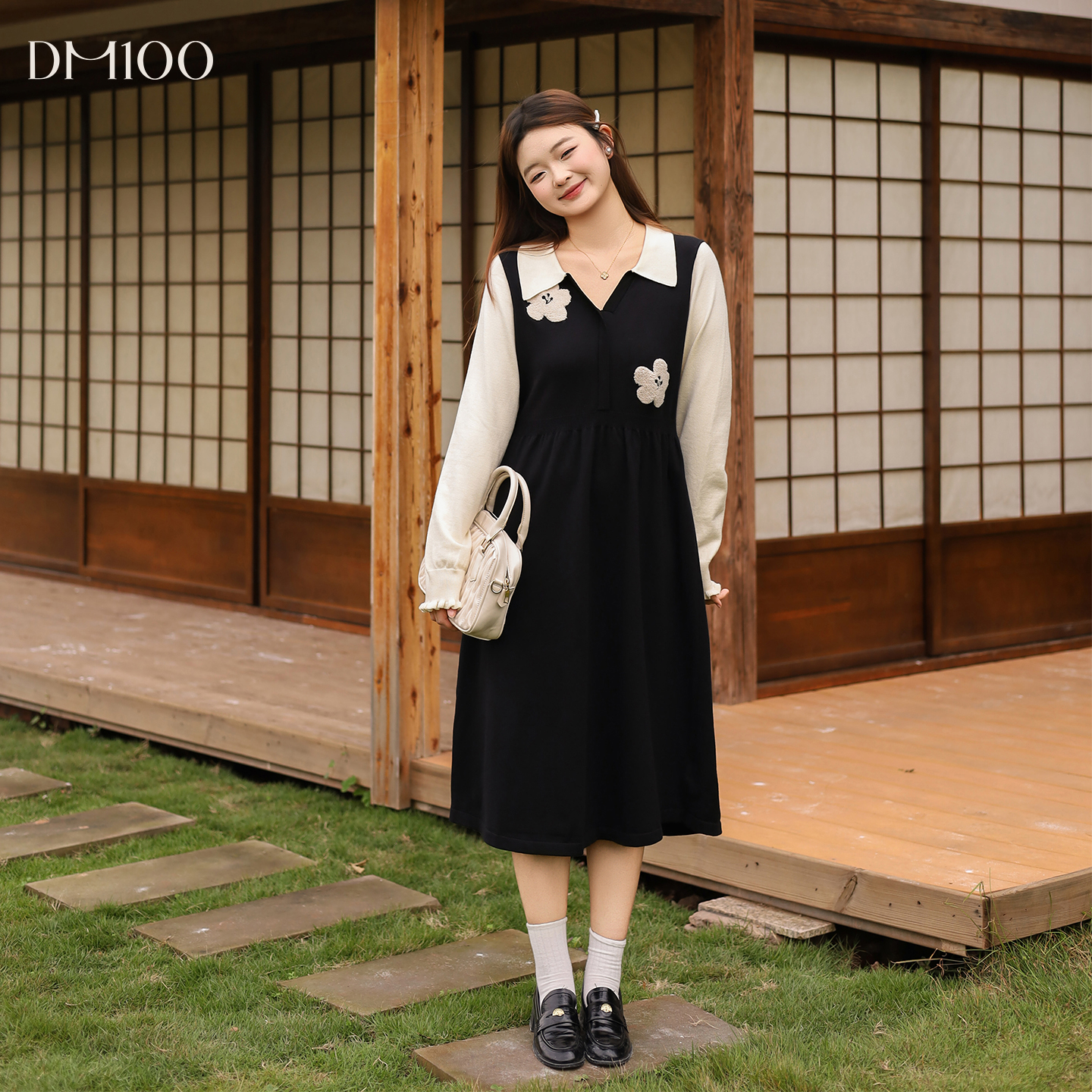 DM100大码百分百女装微胖mm冬季V领撞色花朵柔软针织伞摆连衣裙