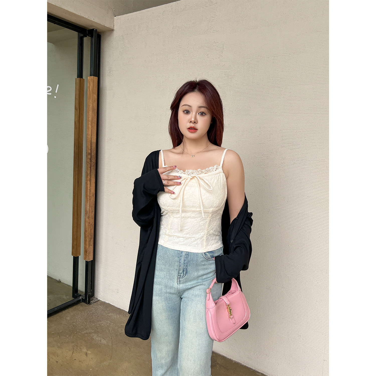 DM100 플러스 사이즈 100% 여성 여름 약간 뚱뚱한 MM [섹시한 레이스 서스펜더] 바닥 스트레치 조끼