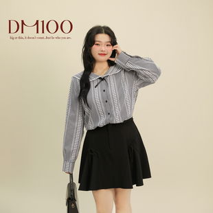 蝴蝶结半身裙甜美套装 DM100大码 海军领衬衫 百分百微胖mm新款 女装