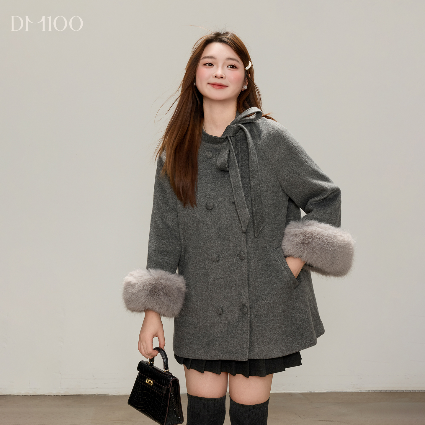 【11/10 20点 新品88折+立减15%】DM100千金风系带蝴蝶结毛呢外套