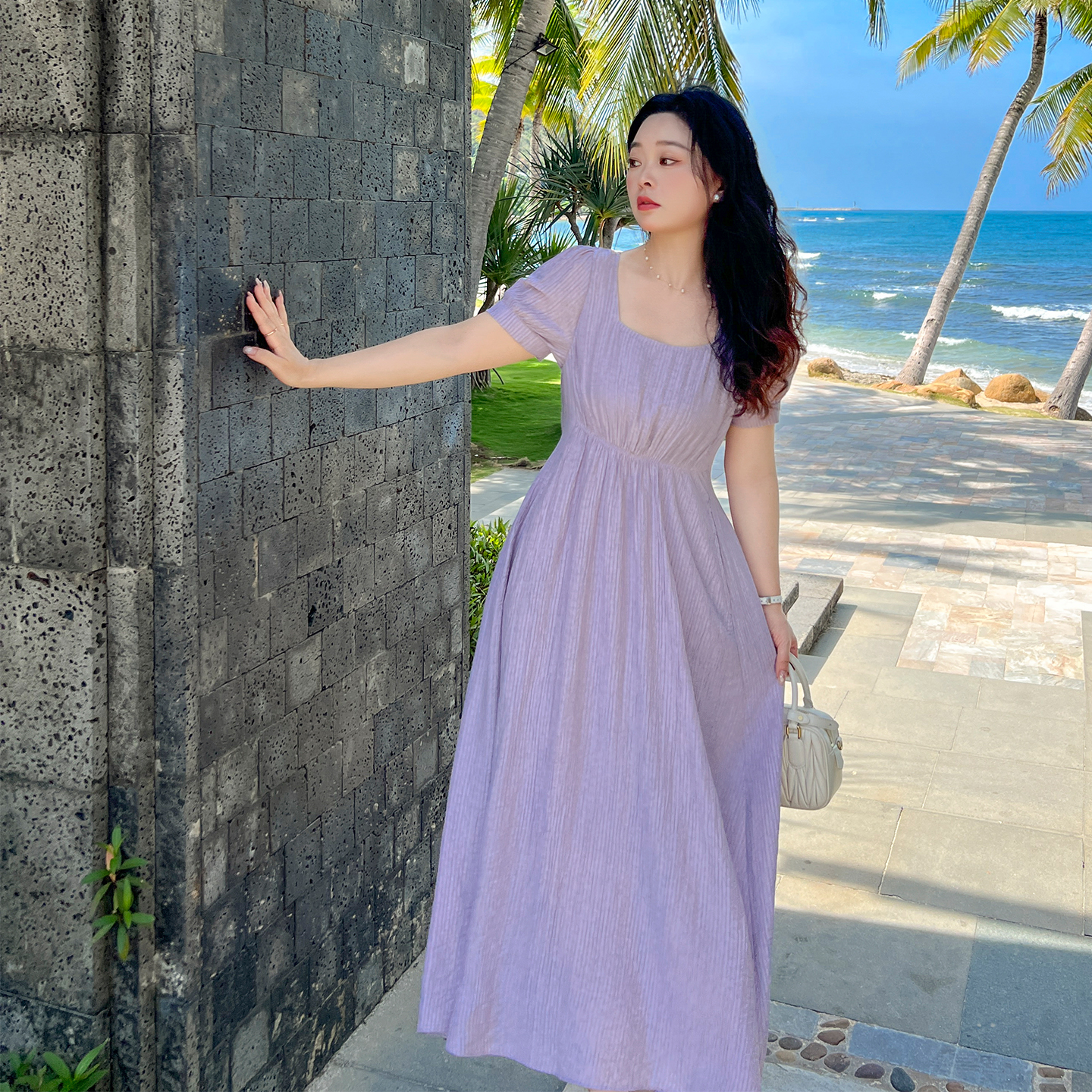 DM100大码百分百女装夏季胖mm大方领遮肉显瘦宽松气质天丝连衣裙