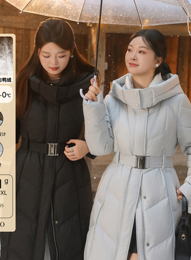 DM100大码百分百女装微胖mm冬季通勤连帽收腰三防长款加厚羽绒服