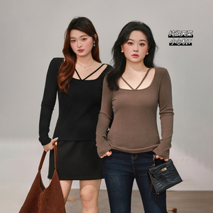 针织衫 DM100大码 设计感U领弹力修身 微胖mm冬季 打底T恤 百分百女装