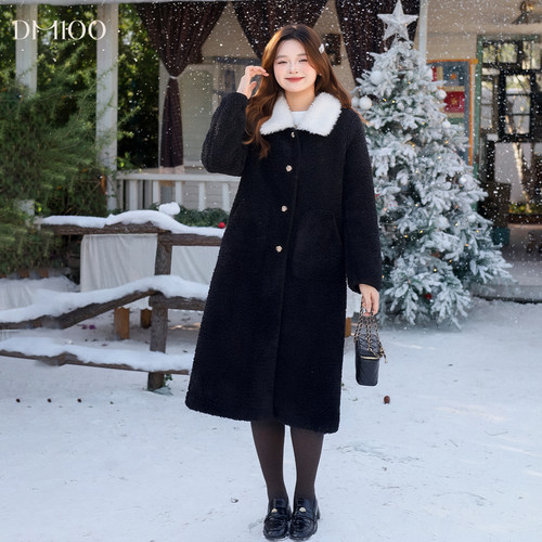 DM100大码百分百女装微胖mm冬季撞色翻领加厚皮毛一体长短款外套