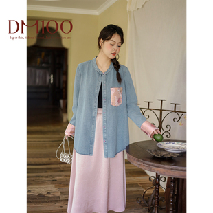 牛仔衬衫 DM100大码 胖mm国风刺绣新中式 百分百2025春新款 外套 女装