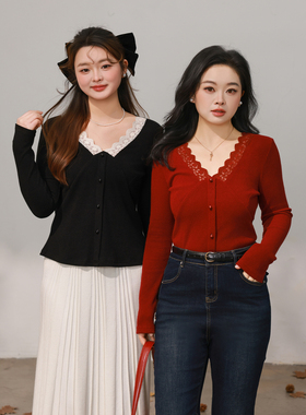 【12/26 单品85折+立减10%】DM100大码花边V领修身针织T恤