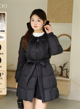 DM100大码百分百女微胖mm冬季设计感豆腐格中长款加厚羽绒服外套