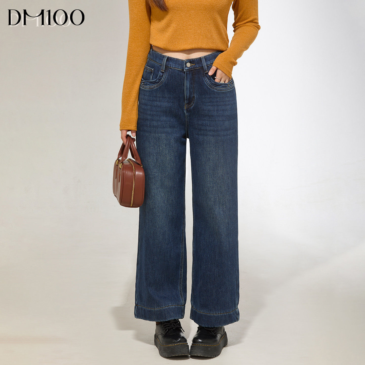DM100大码百分百女装微胖mm冬季加绒保暖百搭蓝色直筒阔腿牛仔裤