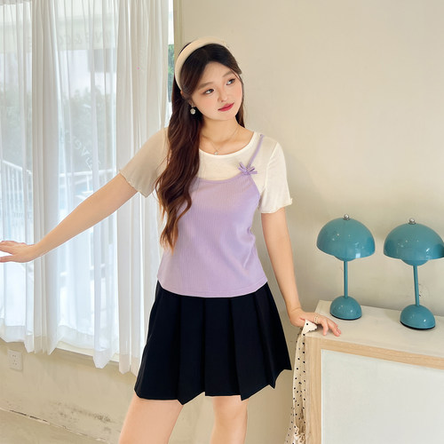 DM100大码百分百女装夏季胖mm甜美蝴蝶结高弹针织短袖假两件T恤