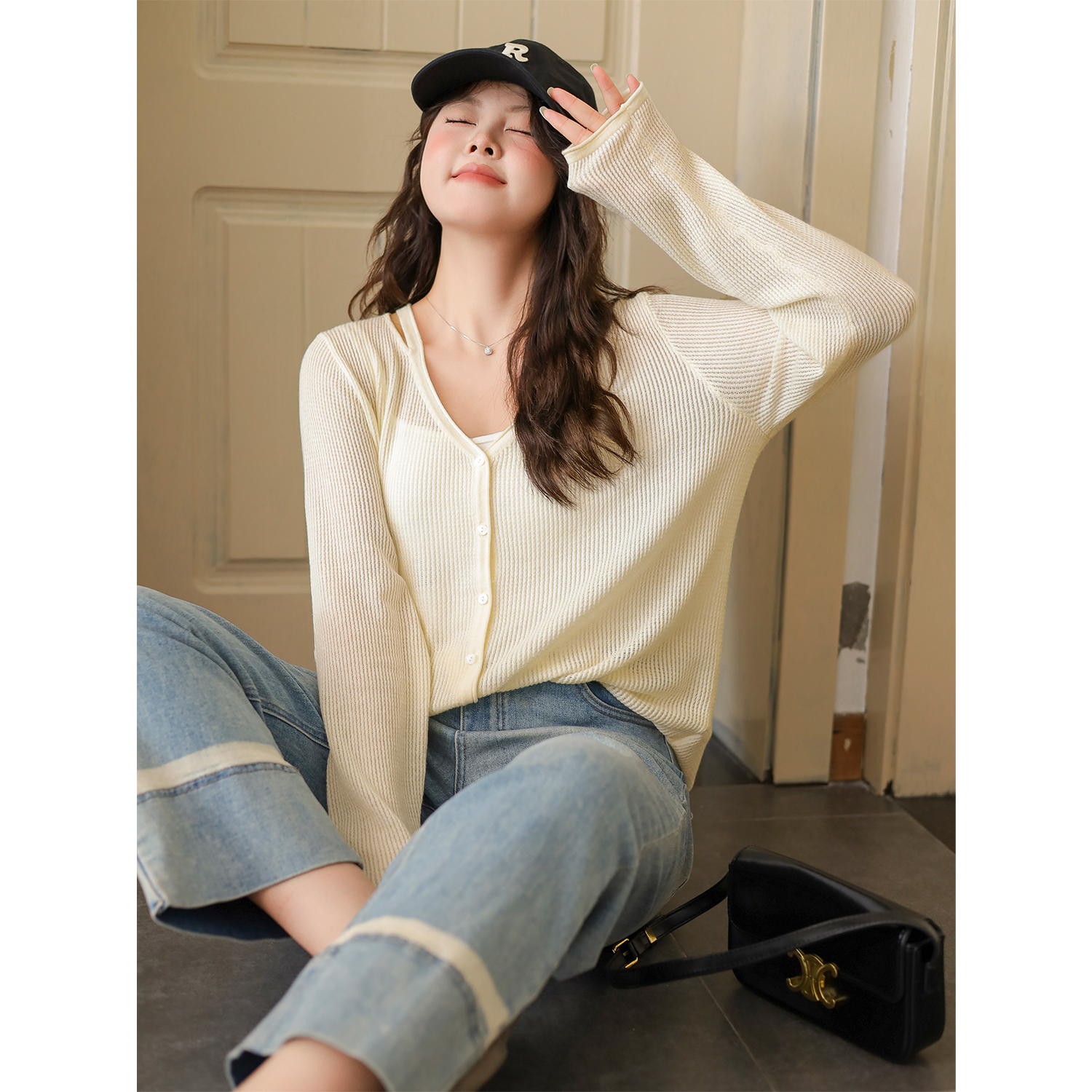 DM100大码百分百女装夏微胖mm宽松显瘦上衣薄款V领镂空长袖针织衫