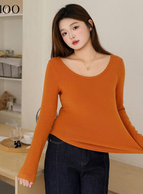 DM100大码百分百女装微胖mm冬季大圆领弧形正肩显瘦德绒T恤打底衫