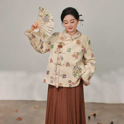 DM100大码百分百女装微胖mm冬季新中式毛边喇叭袖提花毛呢厚外套