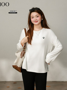 【年终清仓】DM100大码女装冬季插肩袖贝壳刺绣百搭双面德绒白T恤