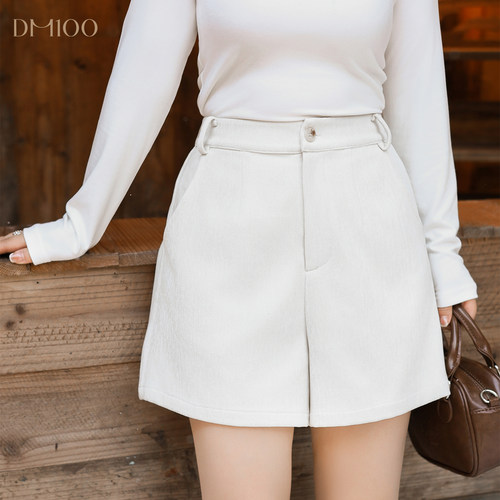 DM100大码百分百女装微胖mm冬季时尚百搭直筒阔腿米白雪尼尔短裤