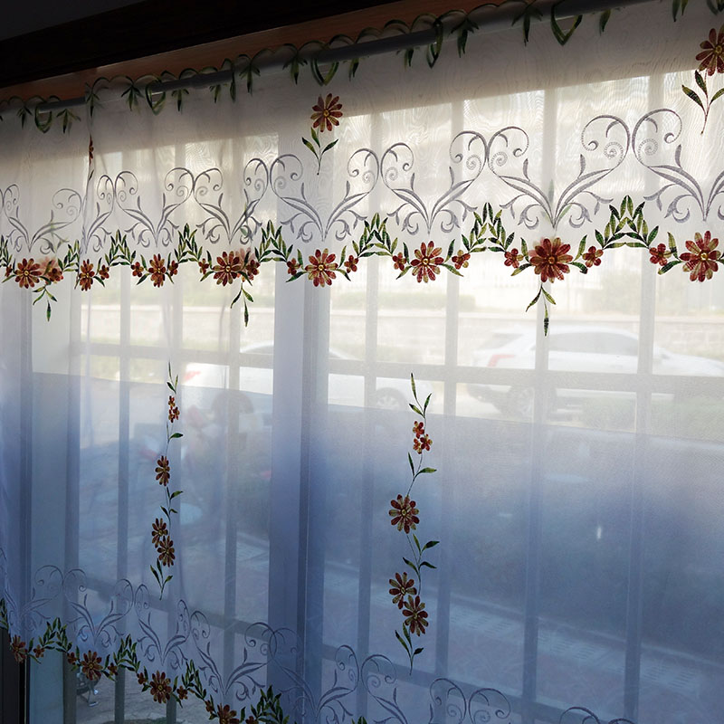 特价北欧短窗透光纱帘厨房刺绣