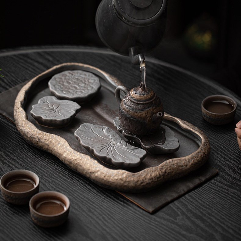 家用粗陶功夫茶具套装含茶盘图片