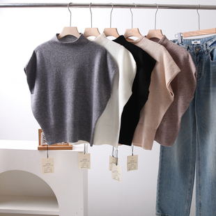 时尚洋气100%羊毛斗篷款针织衫女春秋半高领宽松毛衣坎肩短袖上衣