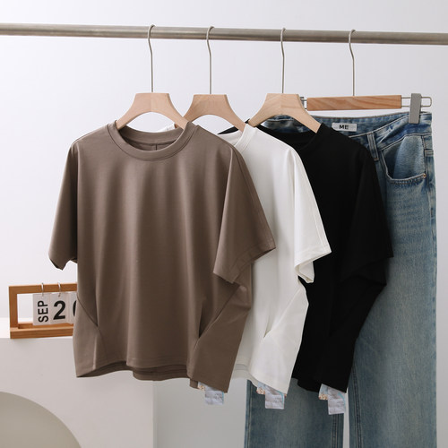 春夏液态新疆长绒棉圆领连肩立体褶宽松短款蝙蝠白色短袖T恤女