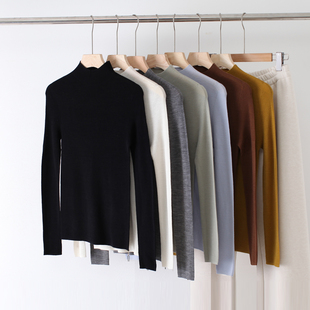 福利 一线成衣扬子纱精纺100%细羊毛半高领长袖修身针织打底衫女