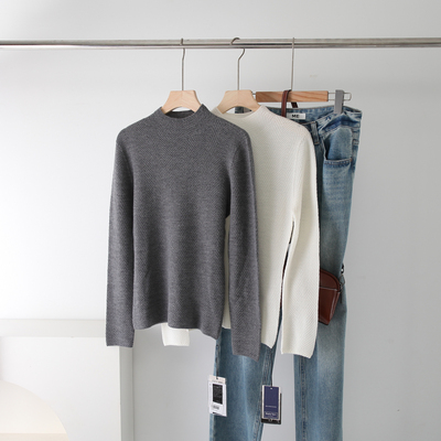 极简个篙端无缝100%羊毛打底衫女杨子纱半高领水波纹针织内搭毛衣