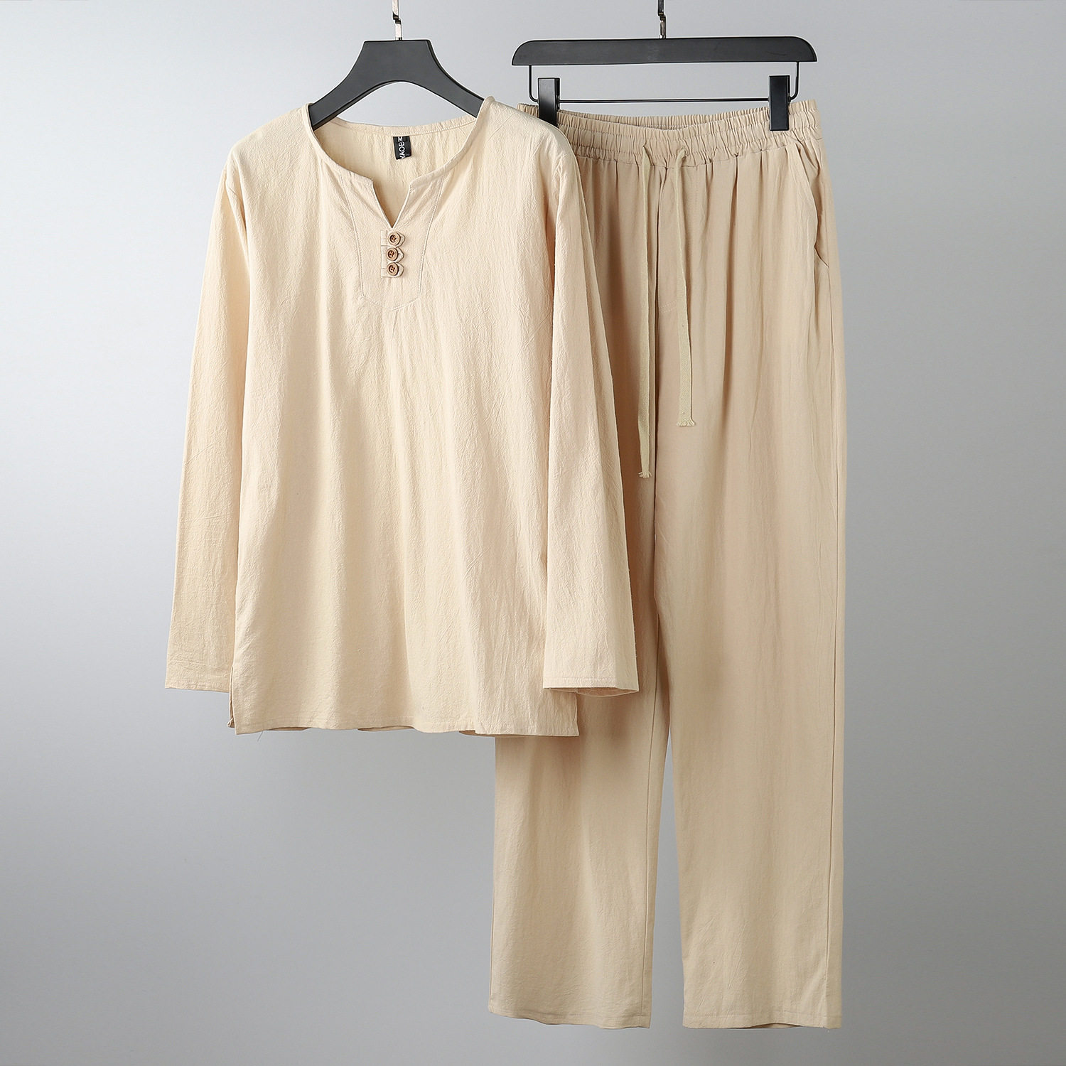 OVERSIZED AUTUMN COTTON AND LINEN LONG SLEEVE T-SHIRT SET MALE FAT MAN PLUS SIZE LINEN TANG SUIT TWO-PIECE FAT GUY