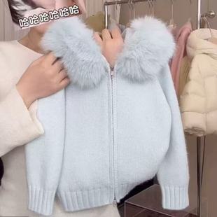 女童毛领秋冬季针织衫外套2025新款儿童加厚毛衣拉链保暖百搭上衣