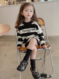 女童洋气条纹卫衣裙2025春秋新款韩版儿童中长款套头衫宝宝上衣潮