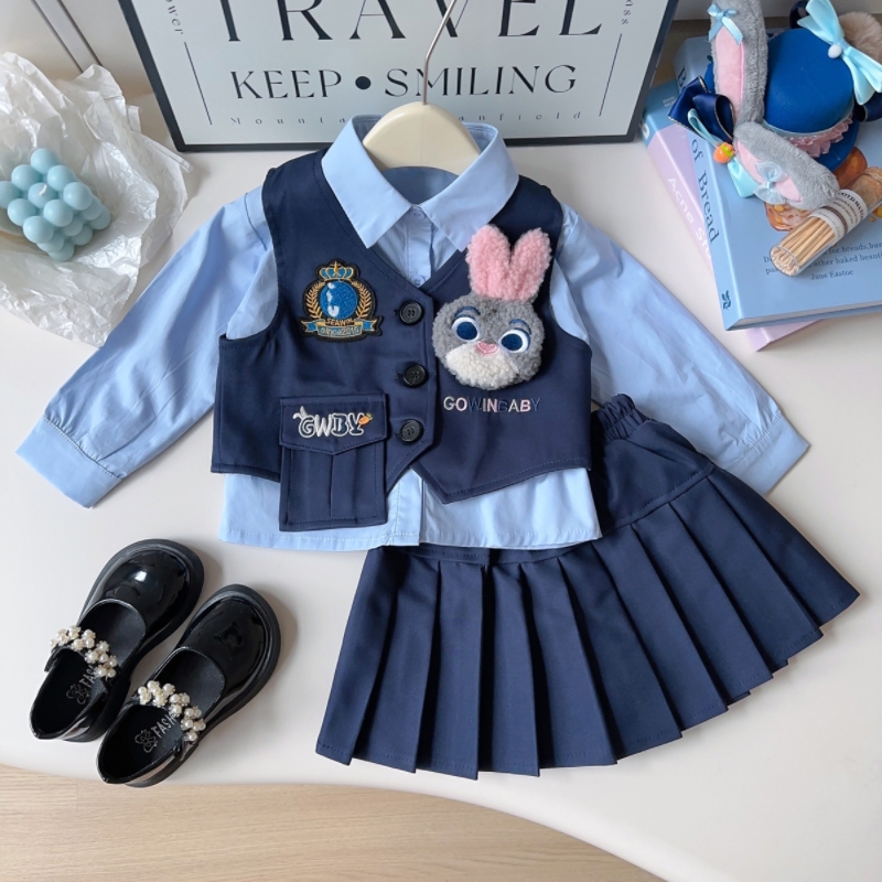 2025女童兔子警官套装春秋季新款女宝宝背心衬衫百褶裙卡通三件套