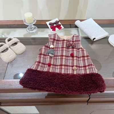 圣诞女童格子加绒韩系背心裙