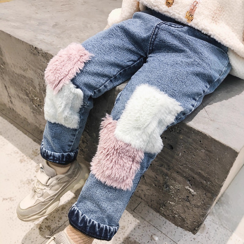 女童牛仔裤2025秋冬新款韩版中小童拼接毛毛撞色儿童休闲加棉长裤