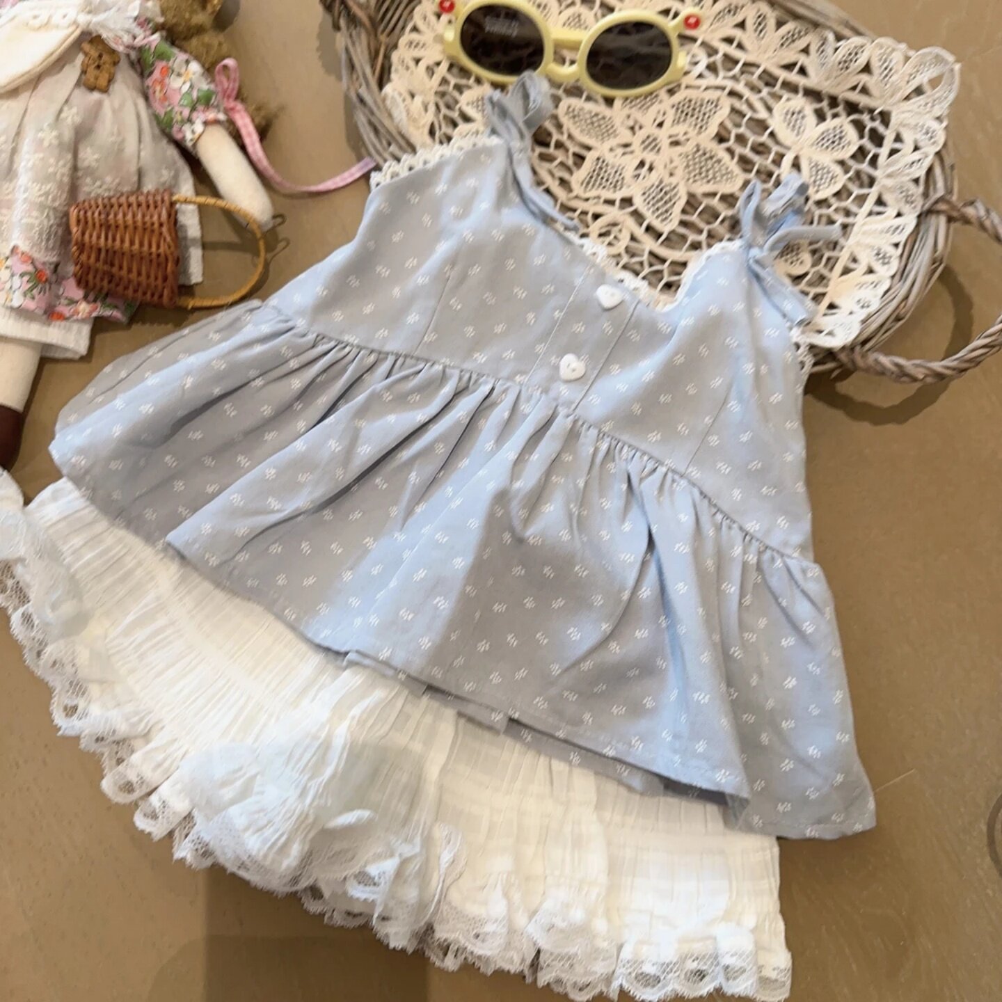女童夏日波点吊带蛋糕裙两件套