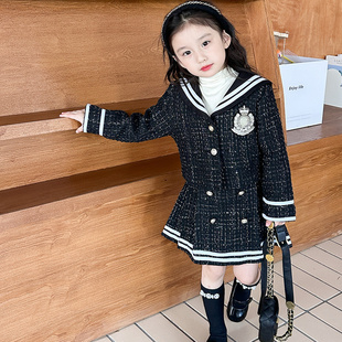 女童学院套装26春秋季新款中小童小香风jk海军领外套百褶裙两件套