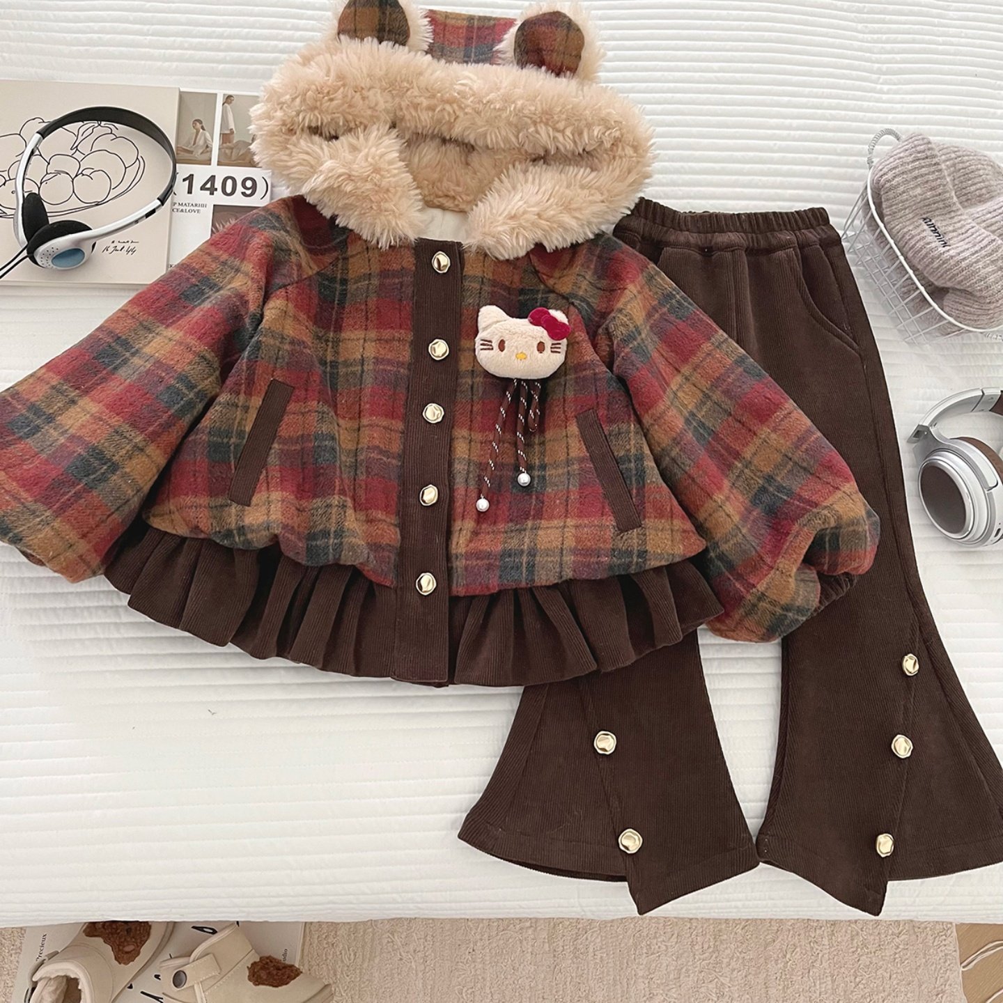 女童冬季2025新款套装连帽可爱猫咪外套女宝宝加绒加厚格子两件套,童装/婴儿装/亲子装,套装,淘宝优惠券,粉丝福利购,淘宝优惠卷