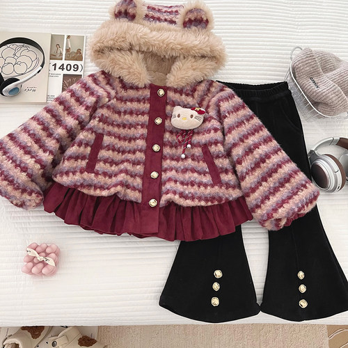 女童冬季加绒加厚猫咪两件套