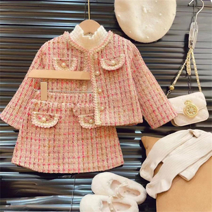 小女孩时尚 2025秋冬季 女童格子小香风套装 新款 外套短裙两件套 韩版