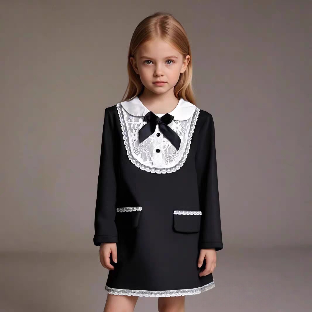 女童连衣裙2025春秋季新款小香风蕾丝拼接蝴蝶结长袖娃娃领A字裙