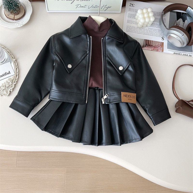 女童春秋网红套装小女孩韩版时髦机车服儿童皮衣外套百褶裙两件套