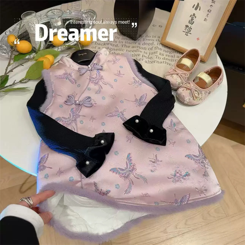 中式提花旗袍夹棉背心裙