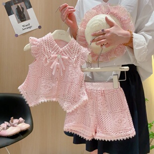 女宝宝洋气套装夏季2026新款韩版镂空钩花短袖短裤女童时尚两件套