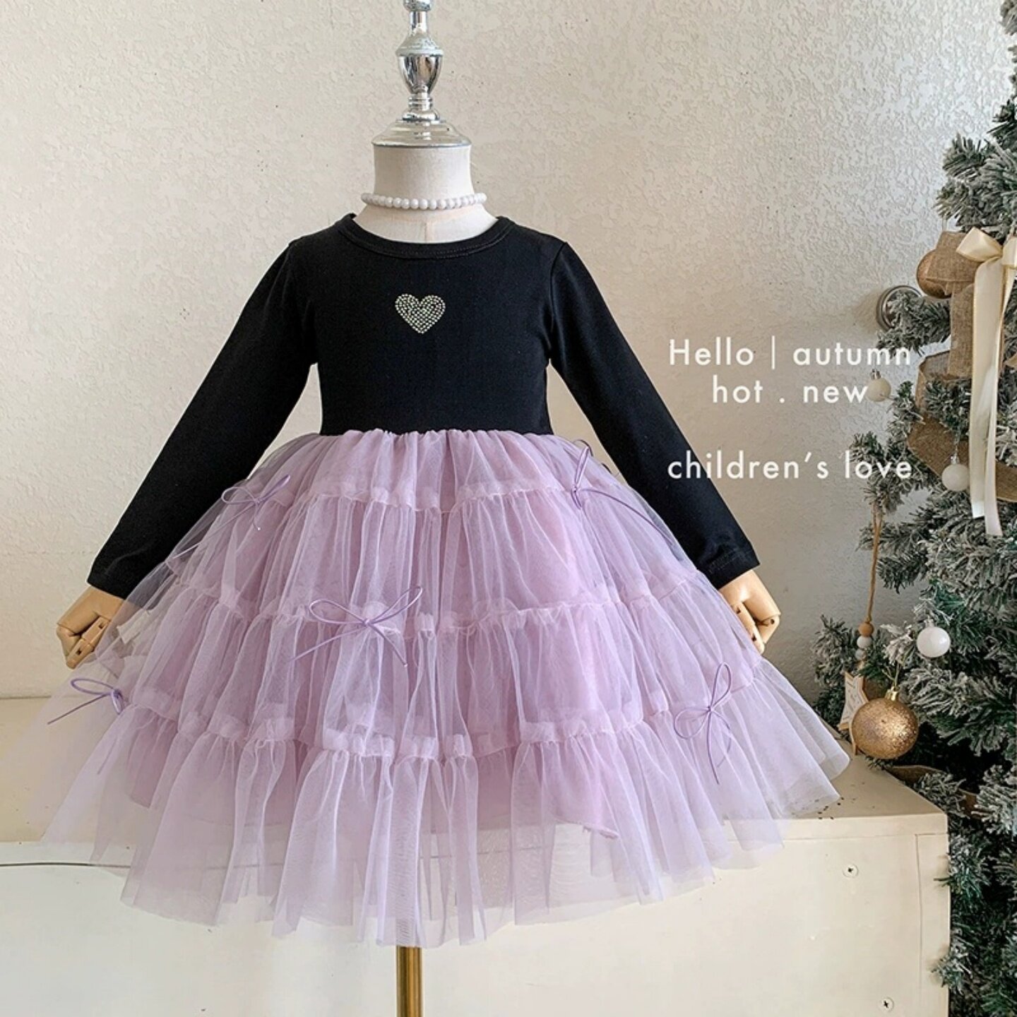 女童连衣裙韩版爱心网纱拼接公主裙秋季新款女宝宝甜美生日礼服裙