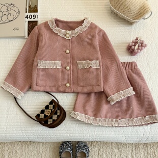 2026春季新款女童小香风套装韩版花边领时髦外套半身裙洋气两件套