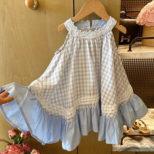 2026女童韩系清新格纹背心裙夏季新款小女孩蕾丝挂脖荷叶边连衣裙