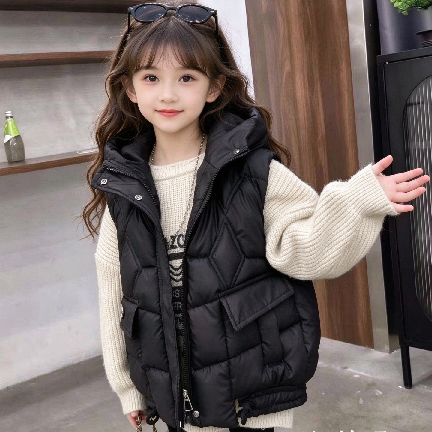女童冬季洋气连帽保暖棉服马甲