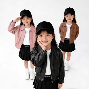 儿童皮衣外套2026春秋男女童纯色翻领皮夹克男宝宝韩版 机车服