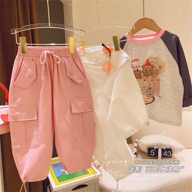 韩版女童裤子2025春季新款系带大口袋收口宽松阔版休闲工装卫裤潮